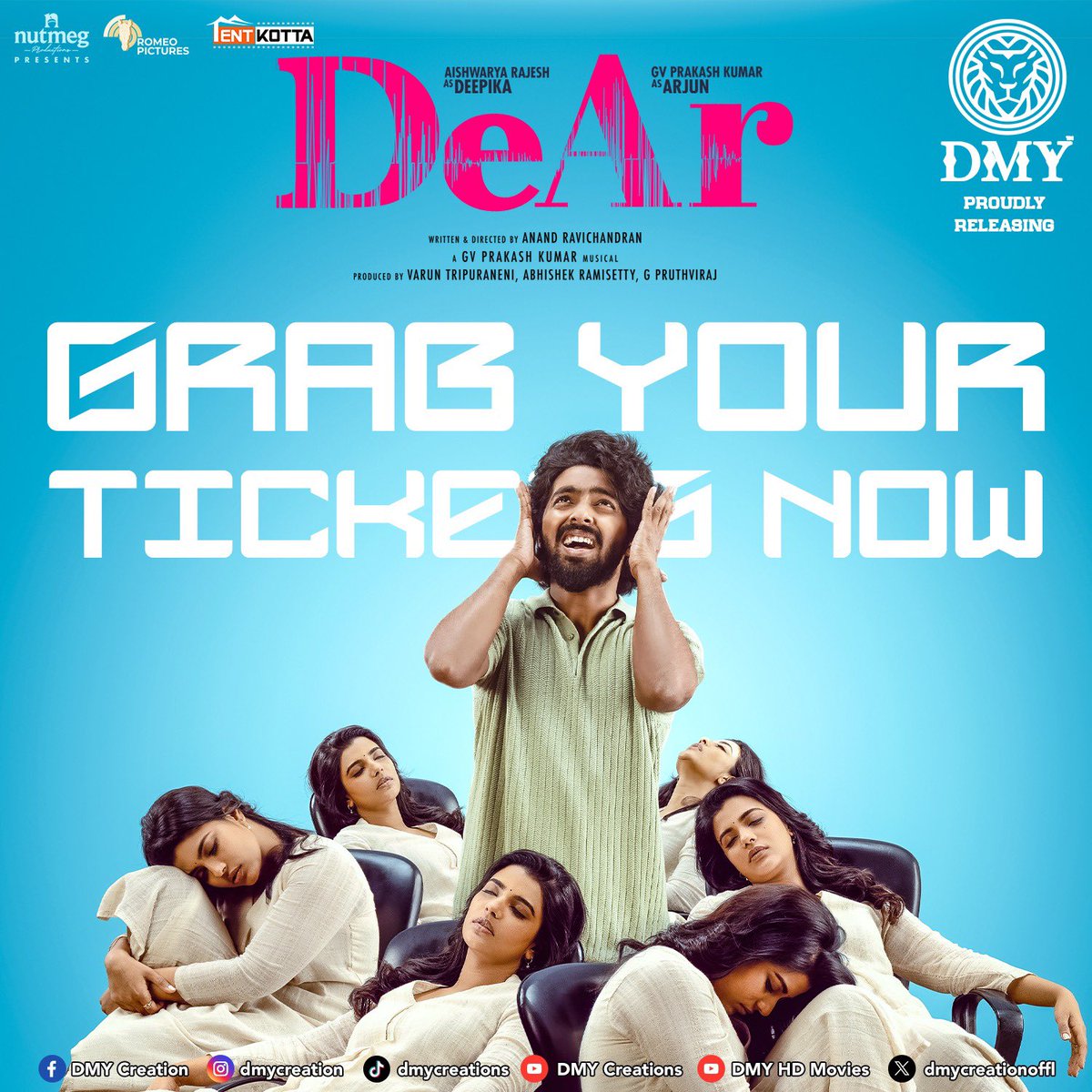 Watch #GVPrakash’s #DeAr in cinemas now ‼️🎬 Snag your tickets for a hilarious story about snoring you won’t want to miss 😴🍿 @gvprakash @aishu_dil @Anand_Rchandran @tvaroon #AbhishekRamisetty #PruthvirajGK @mynameisraahul #RomeoPictures @jagadeesh_s_v @Tentkotta #DMY