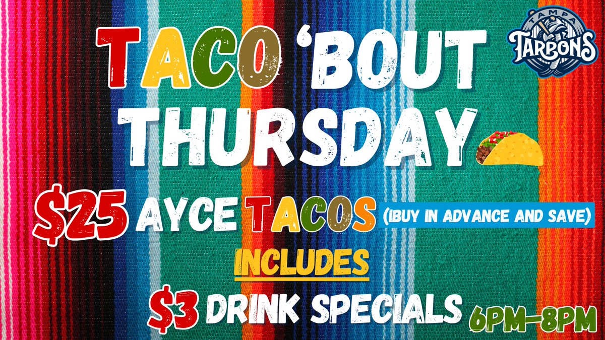 FIRST Taco' Bout Thursday of the Season! 🌮 ALL YOU CAN EAT TACOS from 6:00PM-8:00PM tonight! PLUS $3.00 Drink Specials will be offered to anyone with a Taco 'Bout Thursday ticket! 🎟️🌮: bit.ly/3VV36Jg