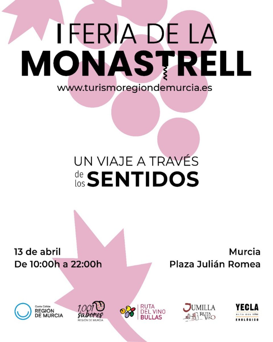 🍇🍷 I Feria de la Monastrell en Murcia el sábado 13 de abril. Un viaje sensorial organizado por @itremurcia @1001SaboresRM, @RutaVinoBullas, @RutaVinoJumilla, @RutaVinoYecla. Catas, degustaciones y diversión en la Plaza Julián Romea. ¡No te lo pierdas! #Murcia 🎉