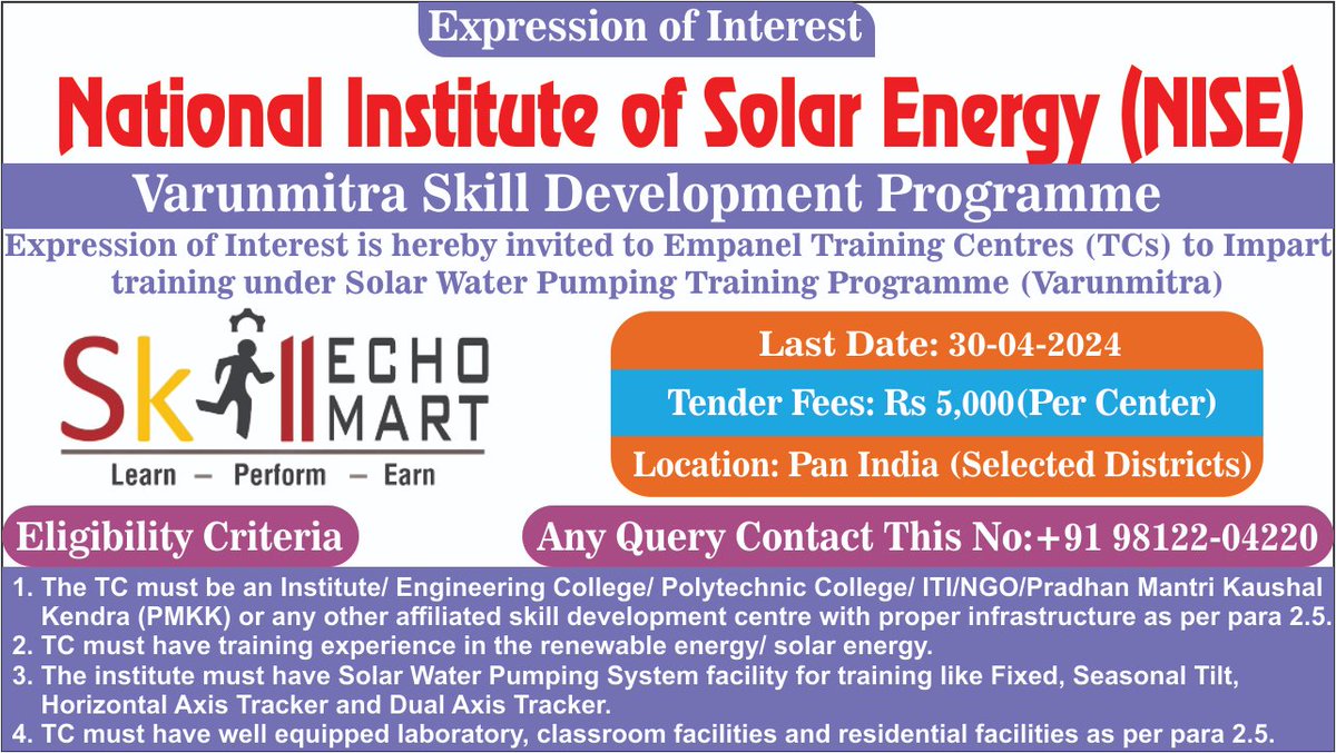 #mrsdinfotech #skillechomart
National Institute of Solar Energy (NISE)
Varunmitra Skill Development Programme
#skilldevelopment #SkillIndia #skillindiamission #newsupdates #newrfp #neweoi #newepisodecomingsoon #skills #skilled