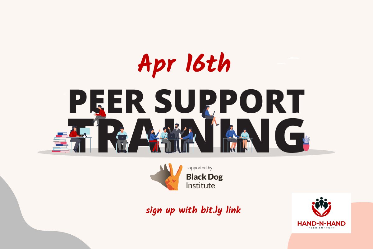 This is a reminder for our FREE Peer Support training next Tuesday! 👉Register now to reserve your spot: bit.ly/HandNHandTrain…
📌WHEN: April 16th (Tuesday), 6:30 pm AEST
📌WHERE: Online via Zoom
📌COST: Free

For more information, visit our website: handnhand.org.au/training