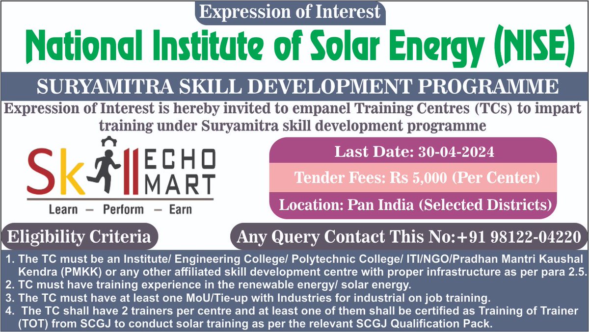 #mrsdinfotech #skillechomart
National Institute of Solar Energy (NISE)
Suryamitra Skill Development Programme
#skilldevelopment #SkillIndia #skillindiamission #newsupdates #newrfp #neweoi #newepisodecomingsoon #skills #skilled