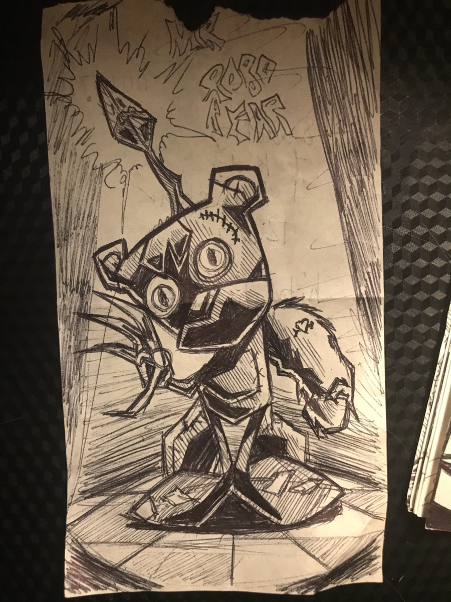 skullsweat's tweet photo. Alright. i was drawing tails doll at work, and my manager, not knowing what that was, doodled some things on it while i was gone. when i came back, i liked it so much, that we ended up adding more things to it together. so i'd like you all to see our new character, mr. robot bear https://t.co/1xyShBiwet