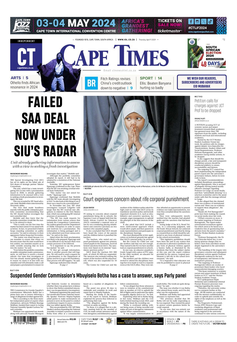 Top stories in the Cape Times today: * JZ would keep his perks as an MP * Ellis: Beaten Banyana hurting so badly * Gershwin to kick off Cape Town City Ballet’s 90th iol.co.za/capetimes