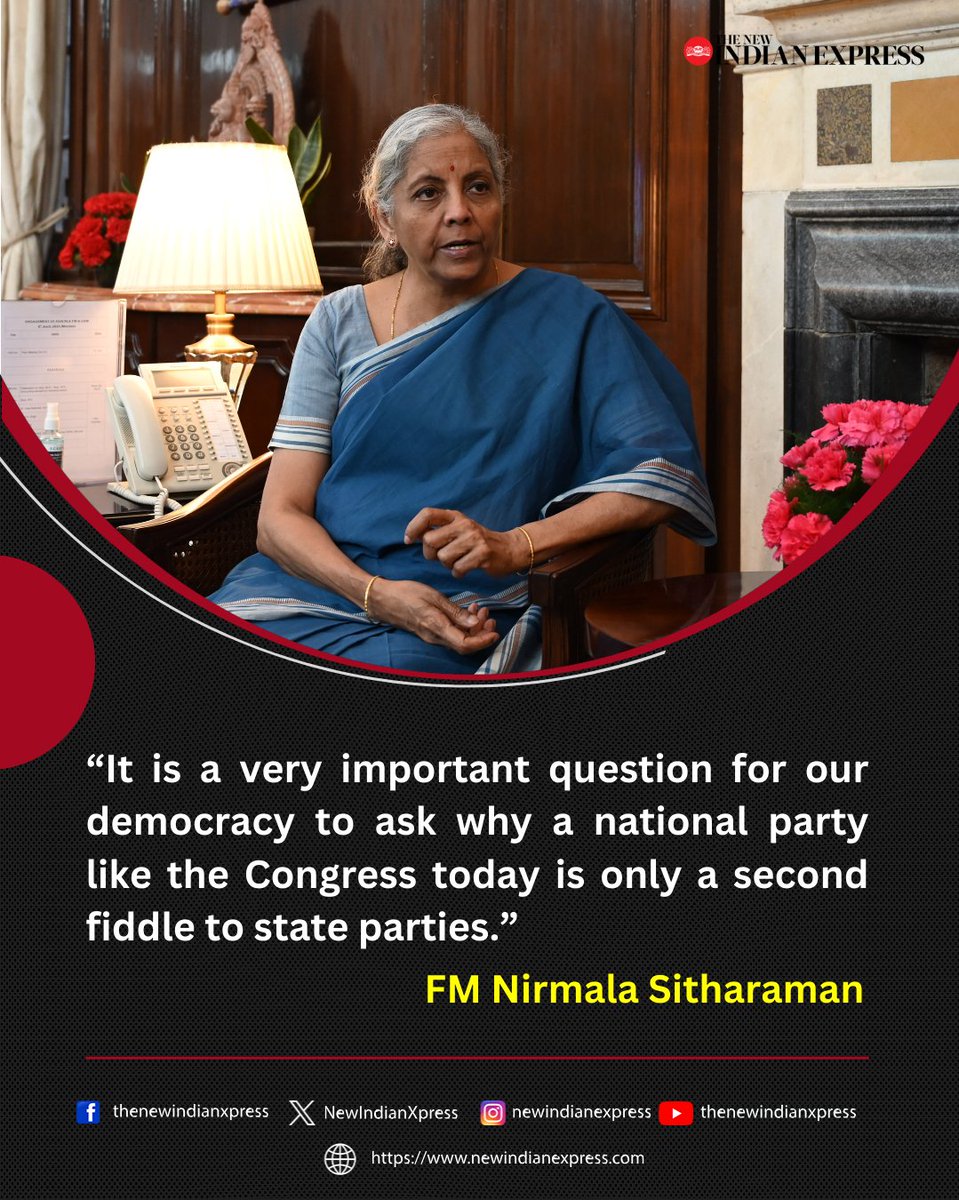 India needs a good, solid national party as opposition and the Congress is failing this country on that, FM @nsitharaman told TNIE. READ: newindianexpress.com/nation/2024/Ap… #LokSabhaElection2024 #Elections2024 @nsitharamanoffc @BJP4India @mppchaudhary @BJP4TamilNadu @santwana99…