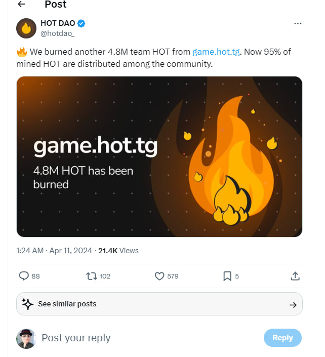 $HOT lại đốt 4.8M $HOT, đà này thì $HOT mà list dc mấy sàn như Bybit và OKX thì 20$ soon 

Ae đào đi :))) : t.me/herewalletbot/… 

À mình tặng $HOT cho ae , nhưng  yêu cầu ae 1 chút. 

1. Ae Join t.me/TrendCryptoTCX… và chat 1 câu bất kì 
2. Chụp ảnh màn hình và