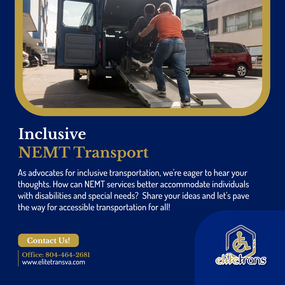 Join the conversation! We're committed to enhancing accessibility in NEMT services. Your input drives our mission for inclusive transportation. Share your insights now! 

#NEMTServices #MidlothianVA #InclusiveTransportation #InclusiveCommunities #AccessibilityMatters