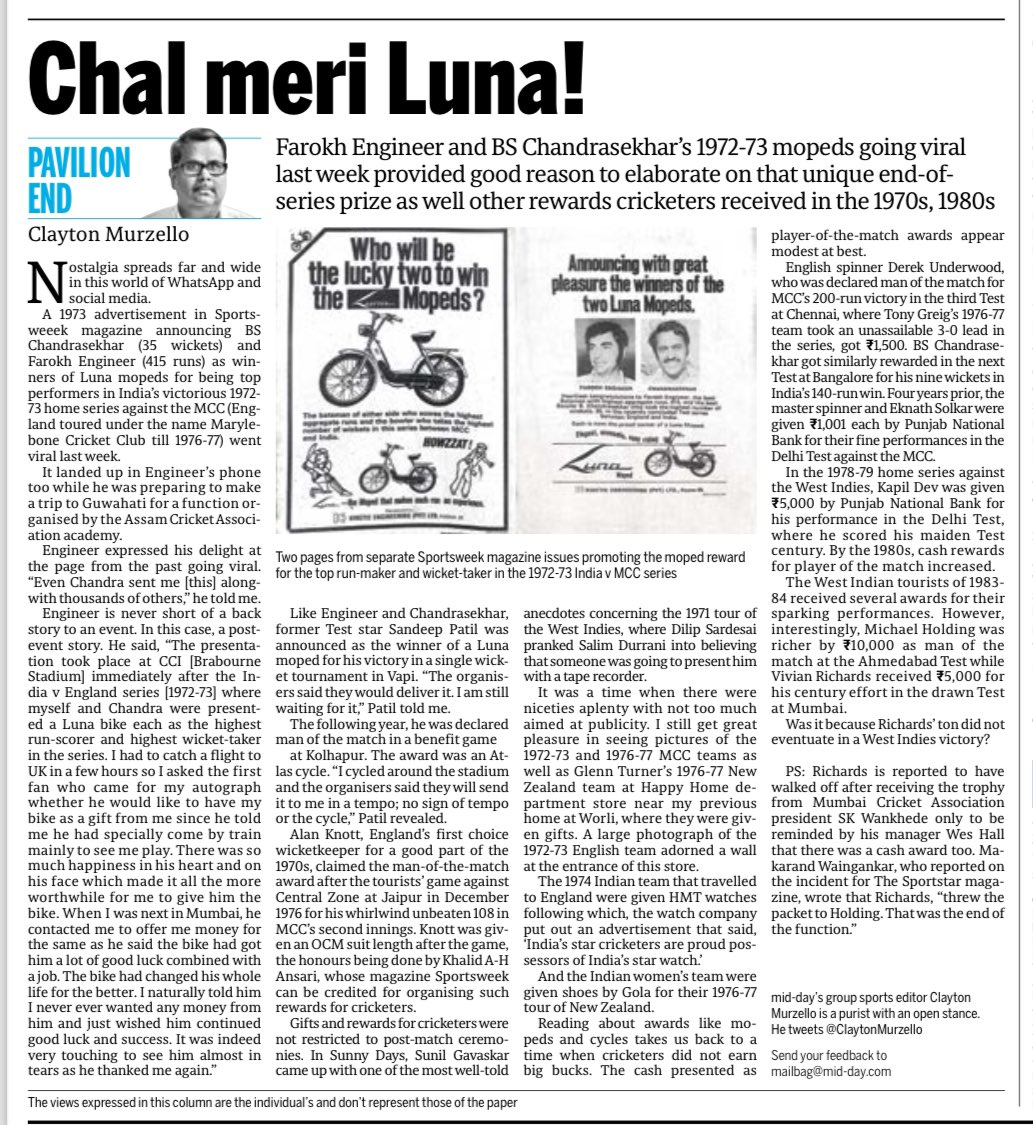 Luna mopeds, watches, Gola shoes, suit lengths…. the rewards cricketers received in a bygone era. My piece in today’s @mid_day