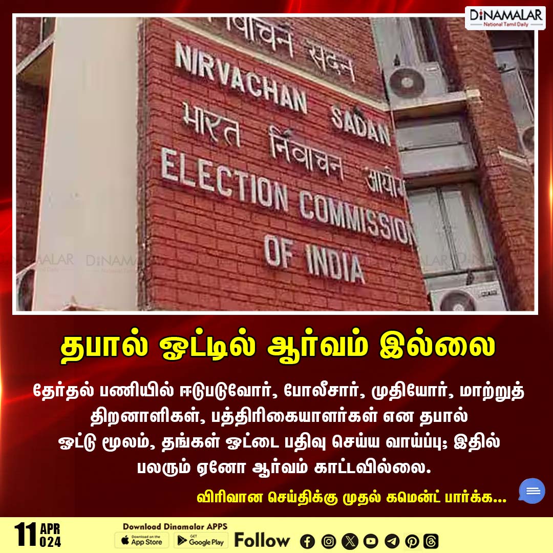 தபால் ஓட்டில் ஆர்வம் இல்லை
#election | #election2024 | #loksabhaelection | #election24 | #electioncommission
dinamalar.com