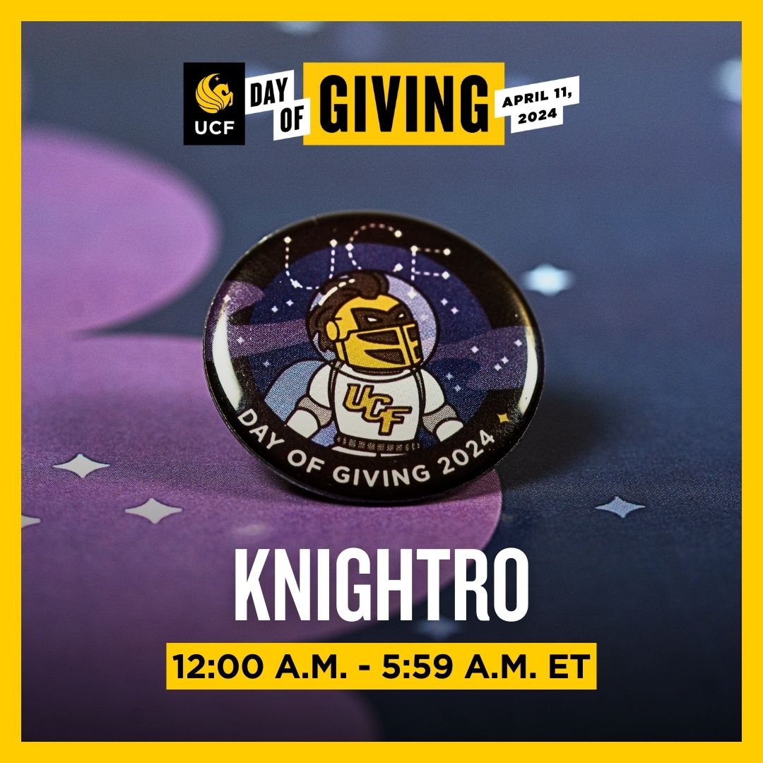 It's Knightro 'clock! ⚔️ The late-Knighters or early birds that give to #UCFDayofGiving by 5:59 a.m. will earn this new pin! 😎  go.ucf.edu/4ao2Vuv