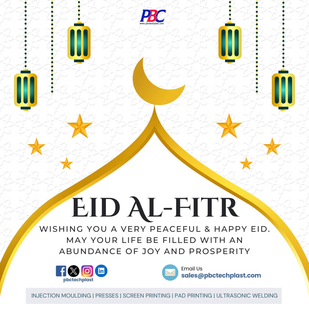 pbctechplast's tweet photo. Wishing you a very peaceful & happy Eid. May your life be filled with an abundance of joy and prosperity.
#eidmubarak #ScreenPrinting #PadPrinting #PrintingTechniques #pbctechplast #injectionmolding #manufacturing #jobwork #sparecapacity #hyderabad #industry #plasticmanufacturer https://t.co/XvM5bMVb1f