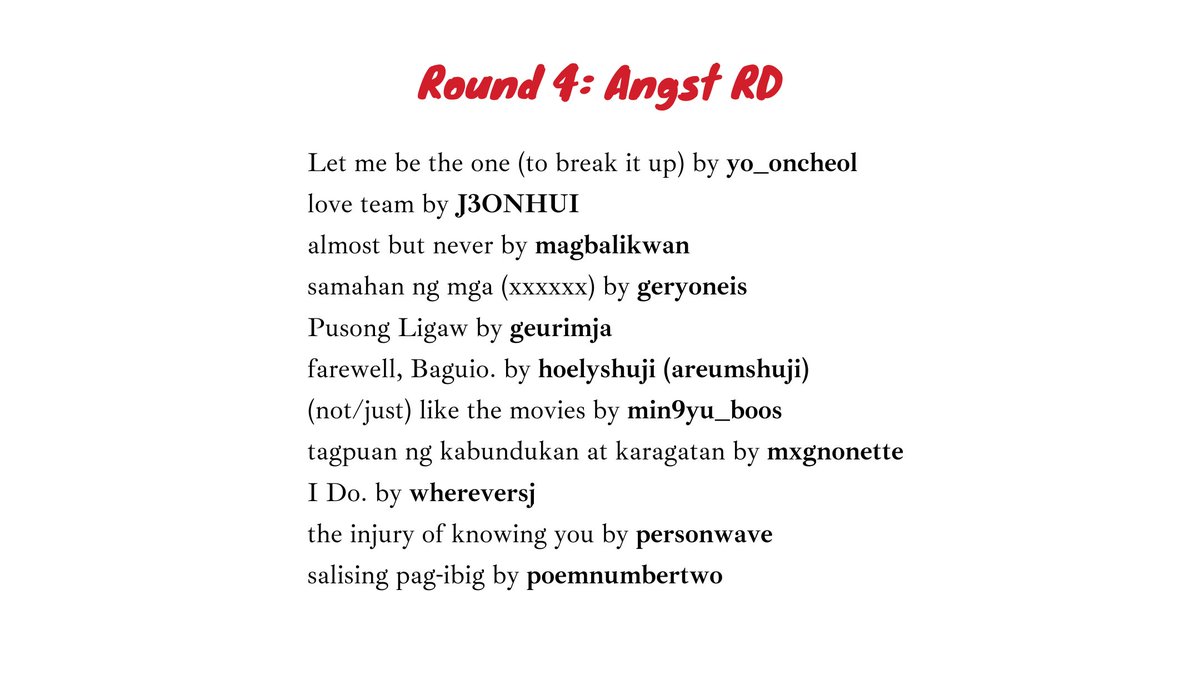 Heto na ang listahan ng mga fics at ng kani-kanilang mga writers para sa round na ito.

Basahin at suportahan ang buong AO3 Collection sa link na ito: archiveofourown.org/collections/Pi…

Muli, maraming salamat sa ating writers, at sa lahat na rin ng nagbasa at kumomento!