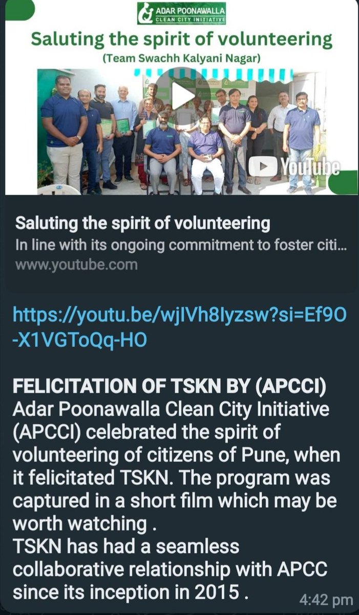 youtu.be/wjIVh8Iyzsw?si… *FELICITATION OF TSKN BY (APCCI)* Adar Poonawalla Clean City Initiative (APCCI) celebrated the spirit of volunteering of citizens of Pune, when it felicitated TSKN. The program was captured in a short film which may be worth watching .