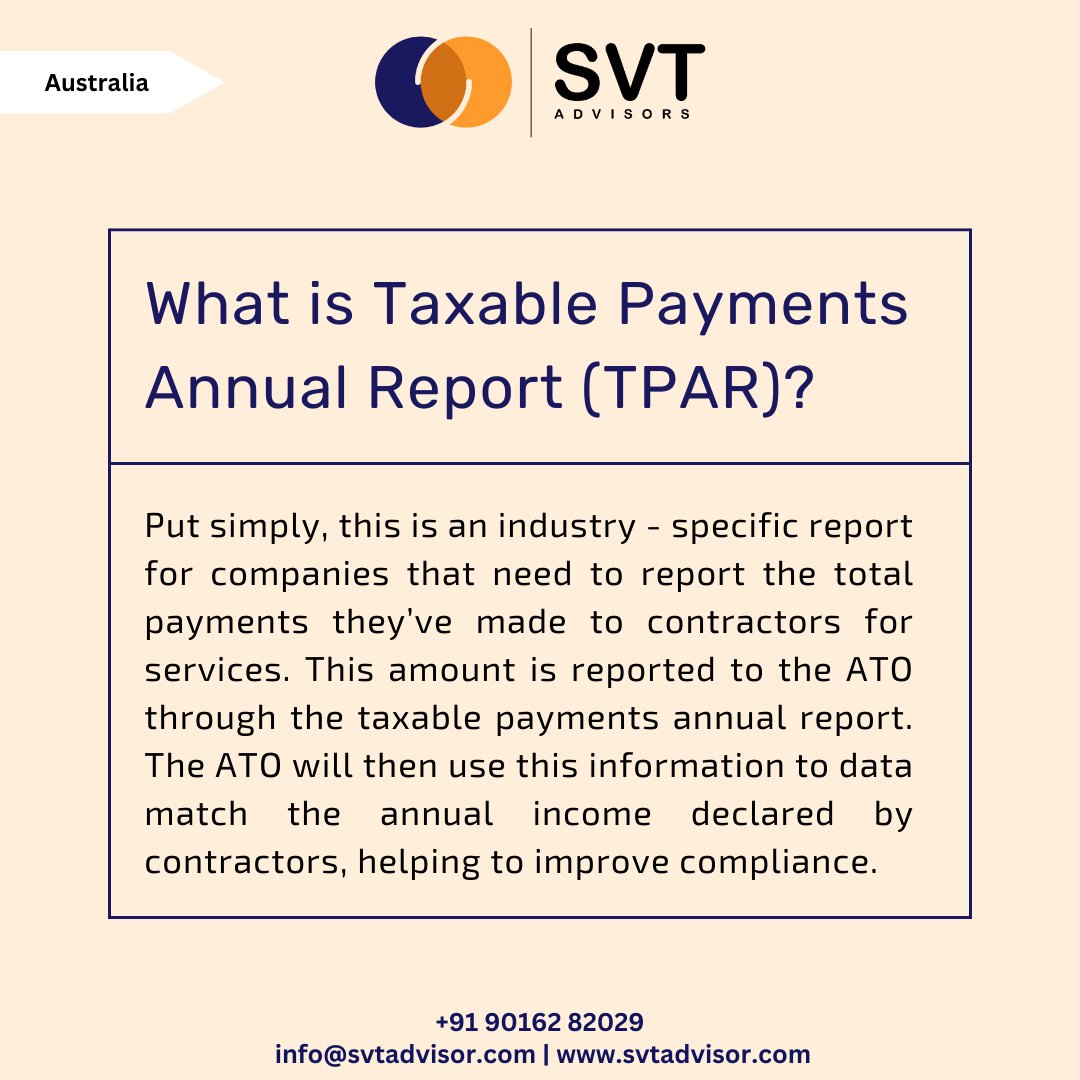 What is Taxable Payments Annual Report (TPAR)❓ 📊 

 #SVT #SVTAdvisors #ATO #AustralianTaxation #TPAR #TaxablePaymentsReport #TaxCompliance #SmallBusiness #IncomeReporting #FinancialCompliance #AustralianBusiness