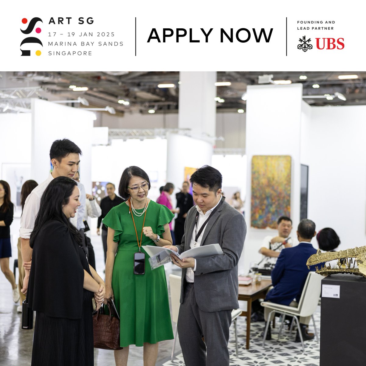 We warmly welcome you to apply for the third edition of ART SG, presented by Founding and Lead Partner UBS at artsg.com/apply. The fair will return to Marina Bay Sands, from 17 – 19 January 2025 (VIP Preview and Vernissage on 16 January).
