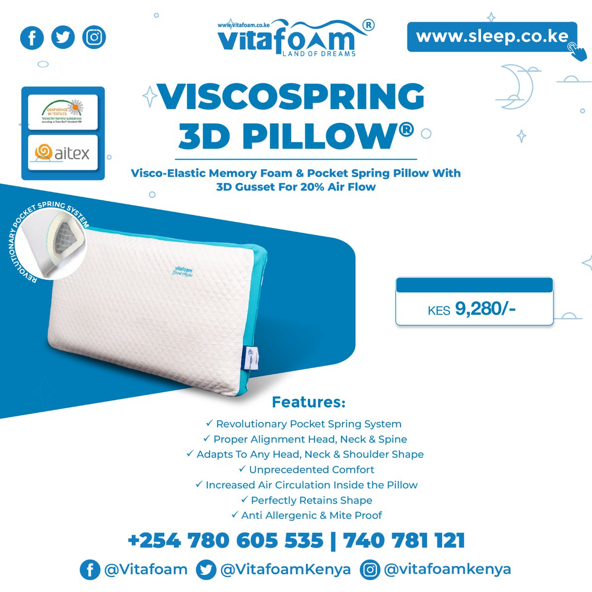 ⭐🙋‍♀️💤☁️ #SleepBetter with our ViscoSpring 3D Pocket Spring Pillow® Exclusively Available at #VitaFoamKenya! ☁️💤🙋‍♂️⭐

☎ For All *Pillow Enquiries, *Orders & *Deliveries Call: +254 780 605 535 | 740 781 121

📍Sleep Centre Locations>>> bit.ly/30VqOrf