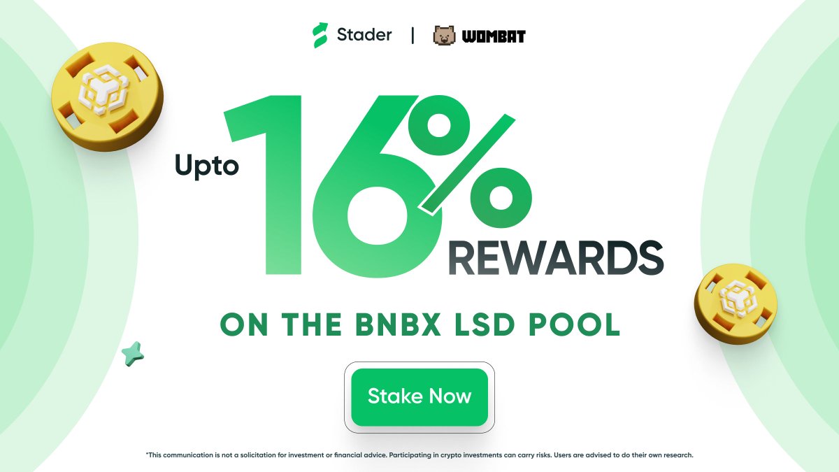Unlock capital efficiency with Stader & @WombatExchange. Get upto 16% rewards by adding liquidity to the $BNBx pool. Start by staking now: bit.ly/3Ueigb6