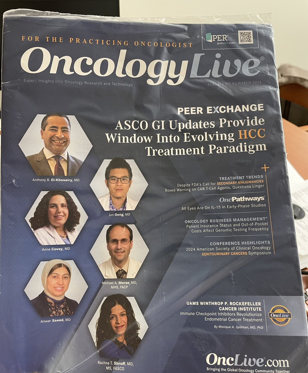 So cool, colleague pointed this out to me today. Unexpected! But deeply honored to be on the cover @OncLive with esteemed #GI onc colleagues @DrElkhoueiry @rachnatshroff @AnwaarSaeed3 @covey_md Dr. Michael Morse onclive.com/publications/o… @CSCancerCenter