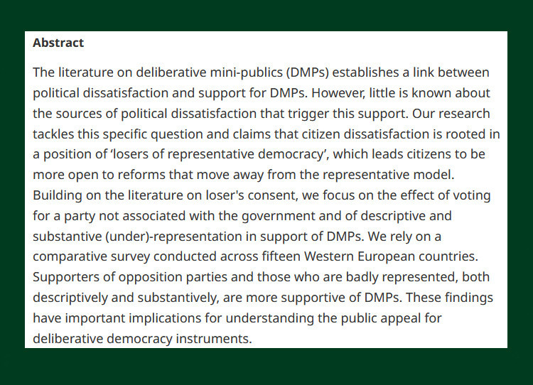 Free to read until the end of April 2024 from our latest issue - Support for Deliberative mini-Publics among the Losers of Representative Democracy - cup.org/3vl4ji9 - @jbpilet, @Hyderules, @talukder_david & Sacha Rangoni (@SciencePoULB)