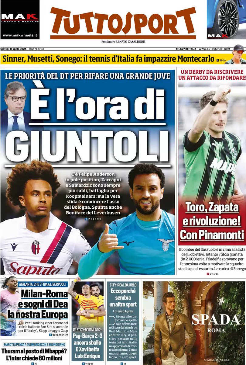 #GiornaliSportivi #11aprile #rassegnastampa #edicola #EdicolaKarda 

#UEL #MilanRoma #liverpoolatalanta

#UCL #psgbarcelona 

#UECL #viktoriaplzenfiorentina 

#sinner #MonteCarloMasters 

#LBA #LBF #LNP #Euroleague 

#SerieBKT #ternanacalcio 

#SerieCNow #perugiacalcio