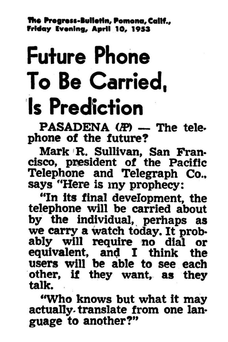 BrianRoemmele's tweet photo. “Future Phone To Be Carried, Is Prediction”— Associated Press, April 10, 1953 https://t.co/m83vi4YR9v