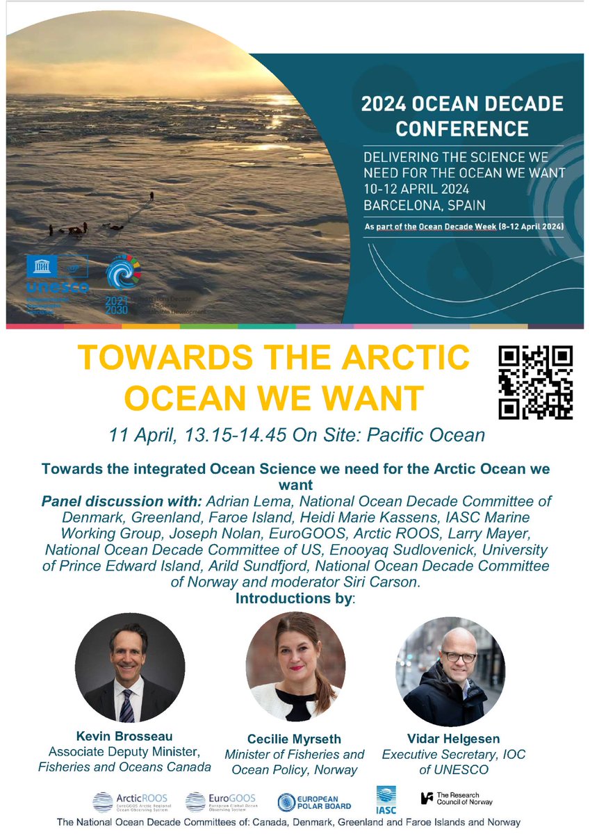 Our colleague @NolanJosephE will participate in the panel discussion at the @UNOceanDecade Conference #OceanDecade24 ❄️ Do not miss this conversation on science and operational services for the #Arctic, towards a pan-Arctic alliance for #oceanObserving #ArcticROOS (Pacific Room)