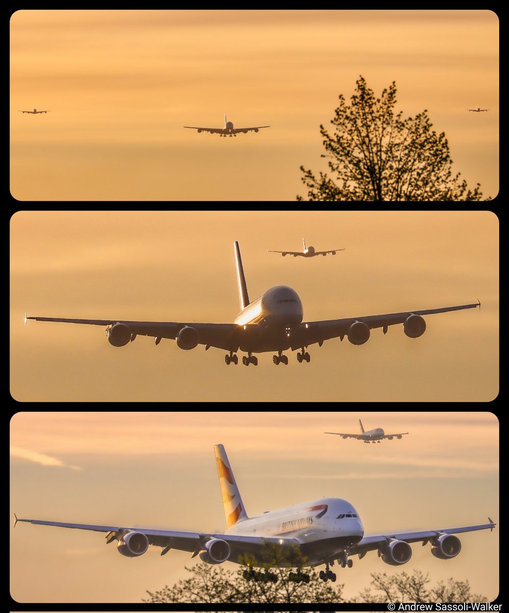 Not many airports where you will see 3 @Airbus #A380 on final approach. Wonderful sight at @HeathrowAirport as dawn broke yesterday with 2 @British_Airways & 1 @emirates coming to their end of their long haul journeys... #avgeek #canonphotography