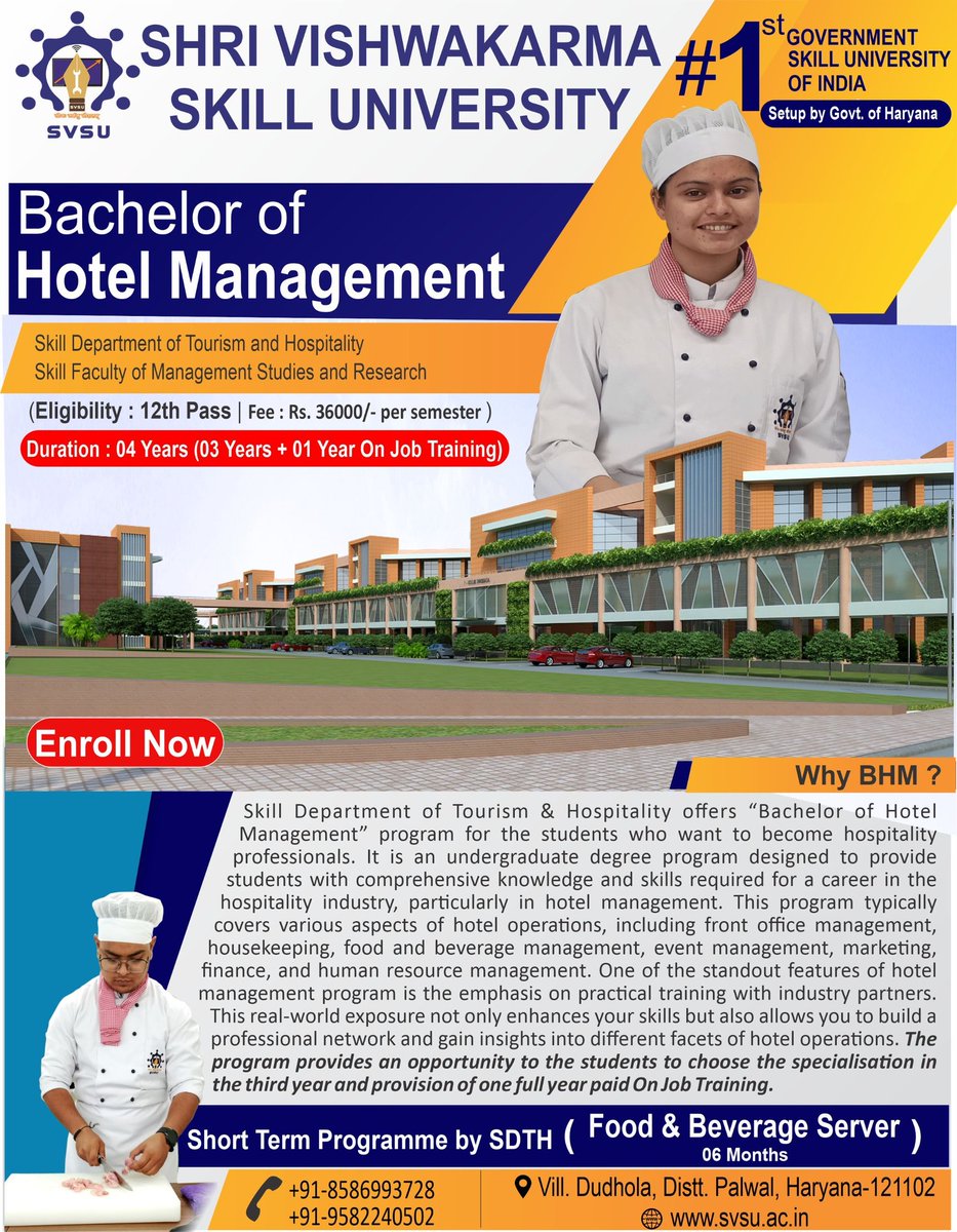 Make your career in BHM @SVSU  

#svsuindia #addmission2024 #university2024 #vikasitbharat #SkillIndia #education
#BHM #bhm #hotellife  #development #Carrier #academia #AcademicSuccess #excellence #successful #digitalindia2024 #startupindiastandupindia #bVoc #mvoc #BHM #BBA