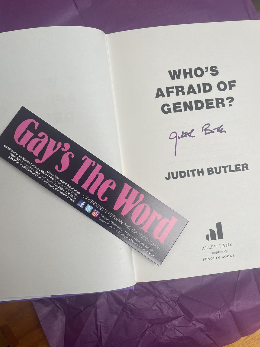 Great day to receive my signed copy of Judith Butler’s ‘Who’s Afraid of Gender’ Thank you to the gorgeous people at Gay’s The Word for this 💚 🏳️‍⚧️ 🏳️‍🌈
