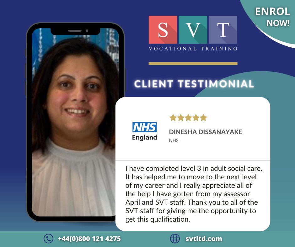 That's fantastic news! Huge congratulations to Dinesha Dissanayake from @NHSEngland for completing her City & Guilds Level 3 NVQ Diploma in Adult Care with SVT. What an incredible accomplishment! Call the SVT team for details on +44(0)800 121 4275 #svtltd #healthcare #education