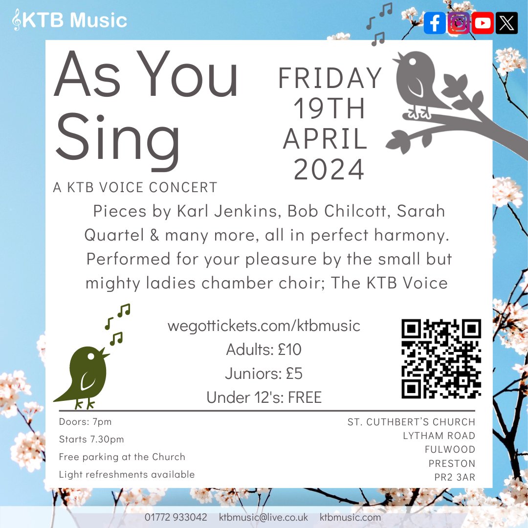 Just 1 week to go! Tickets: wegottickets.com/ktbmusic. We'd love to see you there and, please help us spread the word by sharing. Thank you 😊 #choralmusic #singing #choralsinging #chamberchoir #livemusic #fulwood #preston #whatsonlancashire #whatsonpreston