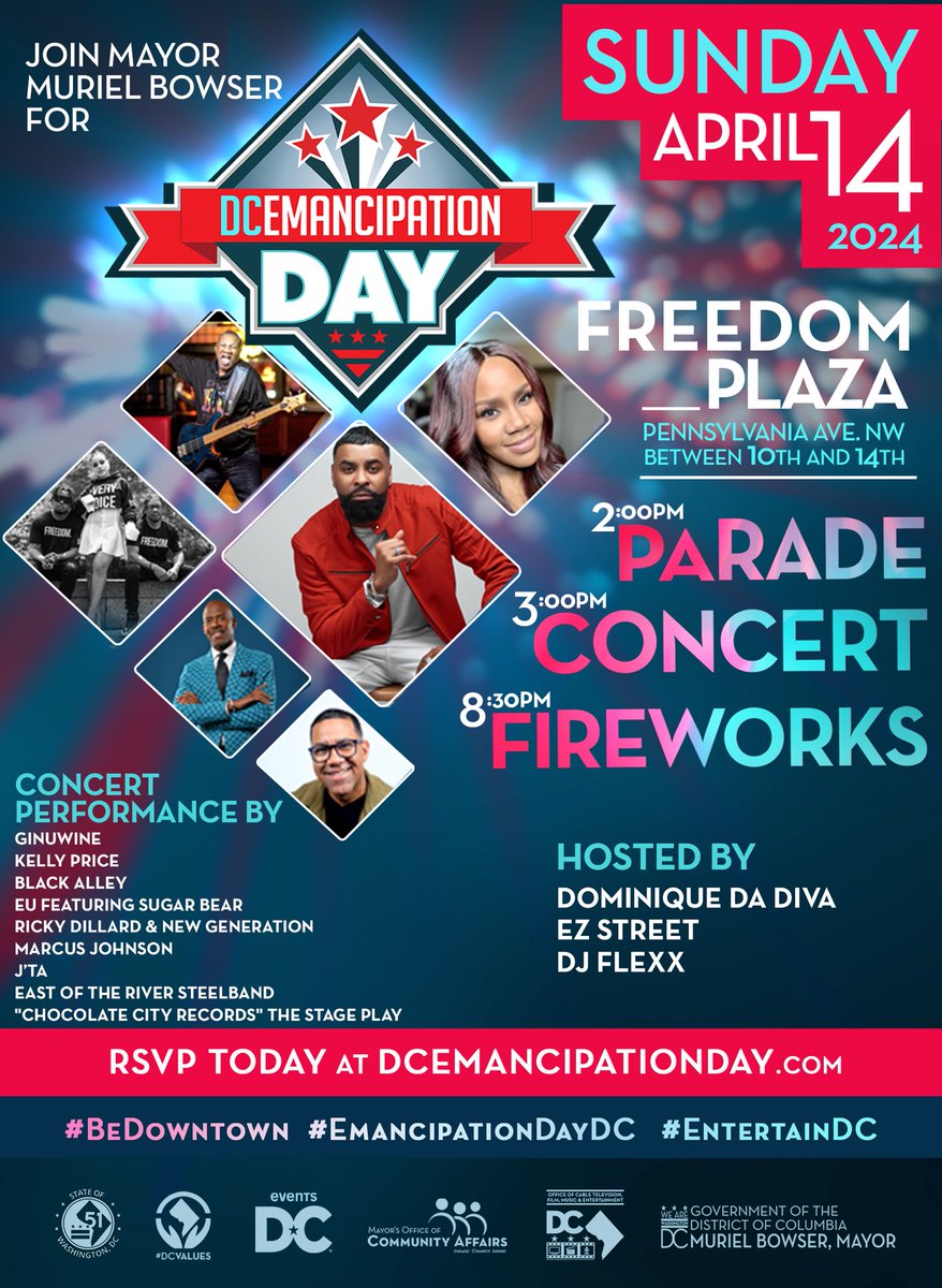 🎉 DC Emancipation Day 2024 is almost here! Join Mayor Bowser and the vibrant DC community for a day of celebration and empowerment. Mark your calendars for April 14 and be part of history! #BeDowntown 🎊✨🗓️🎶🎆📍📻🎡🍔🍦🍽️👀💪🎉👋