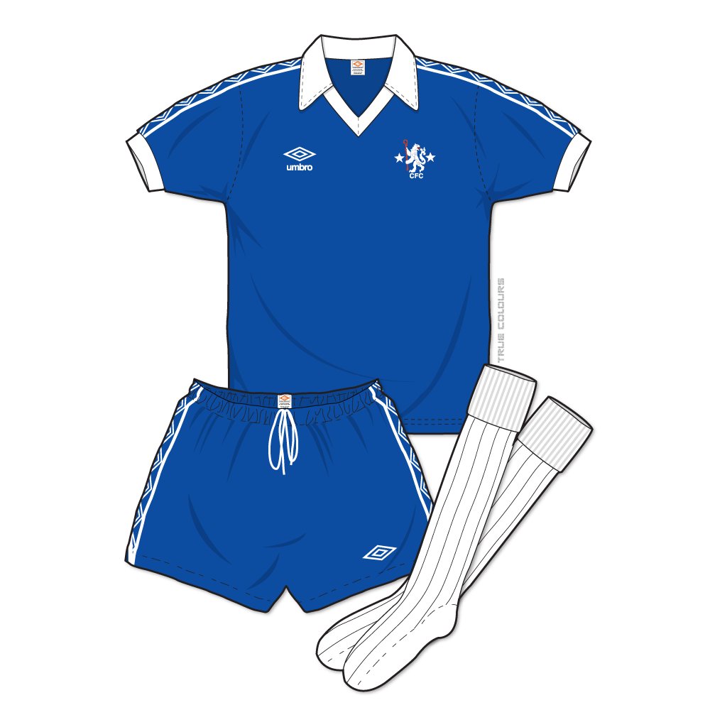 Bit of vintage Umbro...Chelsea's 1979–81 home kit. (1977–79 didn't include 'Umbro' text on the shirt logo) This kit went through some subtle variations during its time, including varying collar sizes, fabrics & the occasional use of trimmed socks. #umbro #chelsea #footballkit