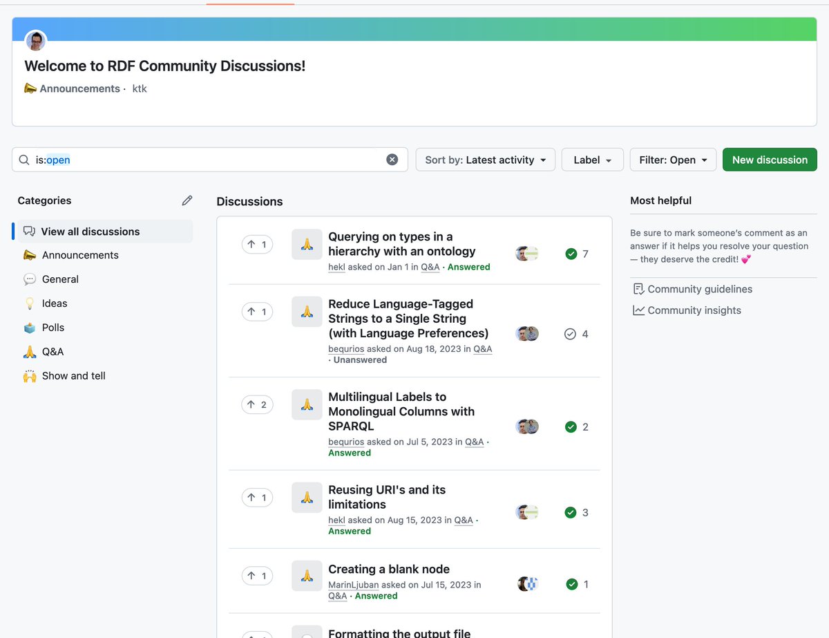 A few years ago we started the 'RDF community' to create a vendor-neutral place to discuss RDF, Knowledge Graphs, SemWeb and Linked Data. If you have any questions or want to share some of your expertise, this is the place to do it! github.com/rdf-community/