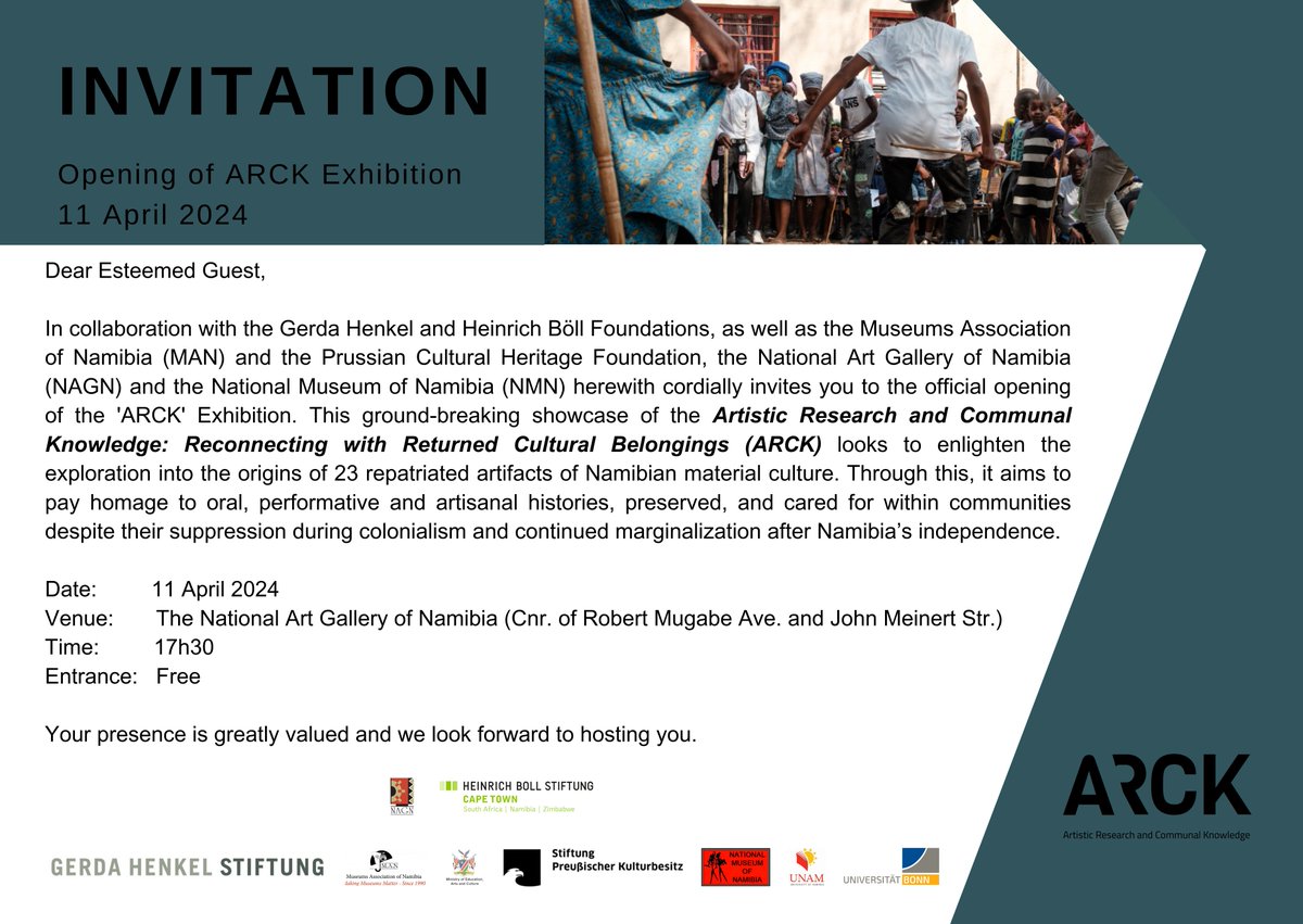 Happening today: The official opening of the ‘ARCK’ Exhibition. In collaboration with @HenkelStiftung, @MuseumsANamibia & the Prussian Cultural Heritage Foundation, we cordially invite you to join. Entry is free. 📍: The National Art Gallery of Namibia ⏰: 5:30pm