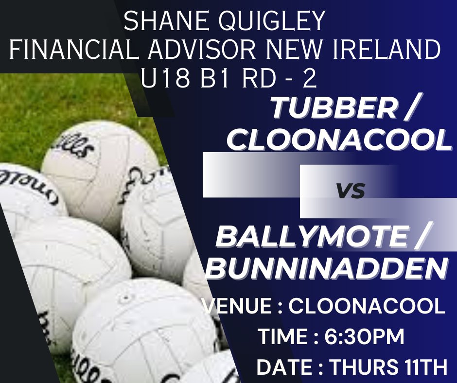 Our Tubber / @CloonacoolGAA minor team return to action this evening almost three weeks on from their defeat to Geevagh / St Michael's in RD1. They take on neighbours @GAABallymote / @bunninaddengaa this evening in Cloonacool for what should be a keenly contested local Derby