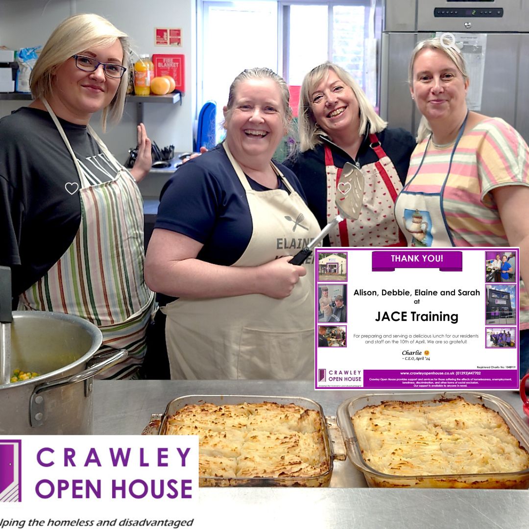 Our JACE Crawley team had a great day cooking lunch for the residents and staff @CrawleyOpenHse and learning more about the great work they do #thankyouforhavingus #crawley #crawleyopenhouse #workingtogether #crawleycommunity #jacetraining #apprenticeships