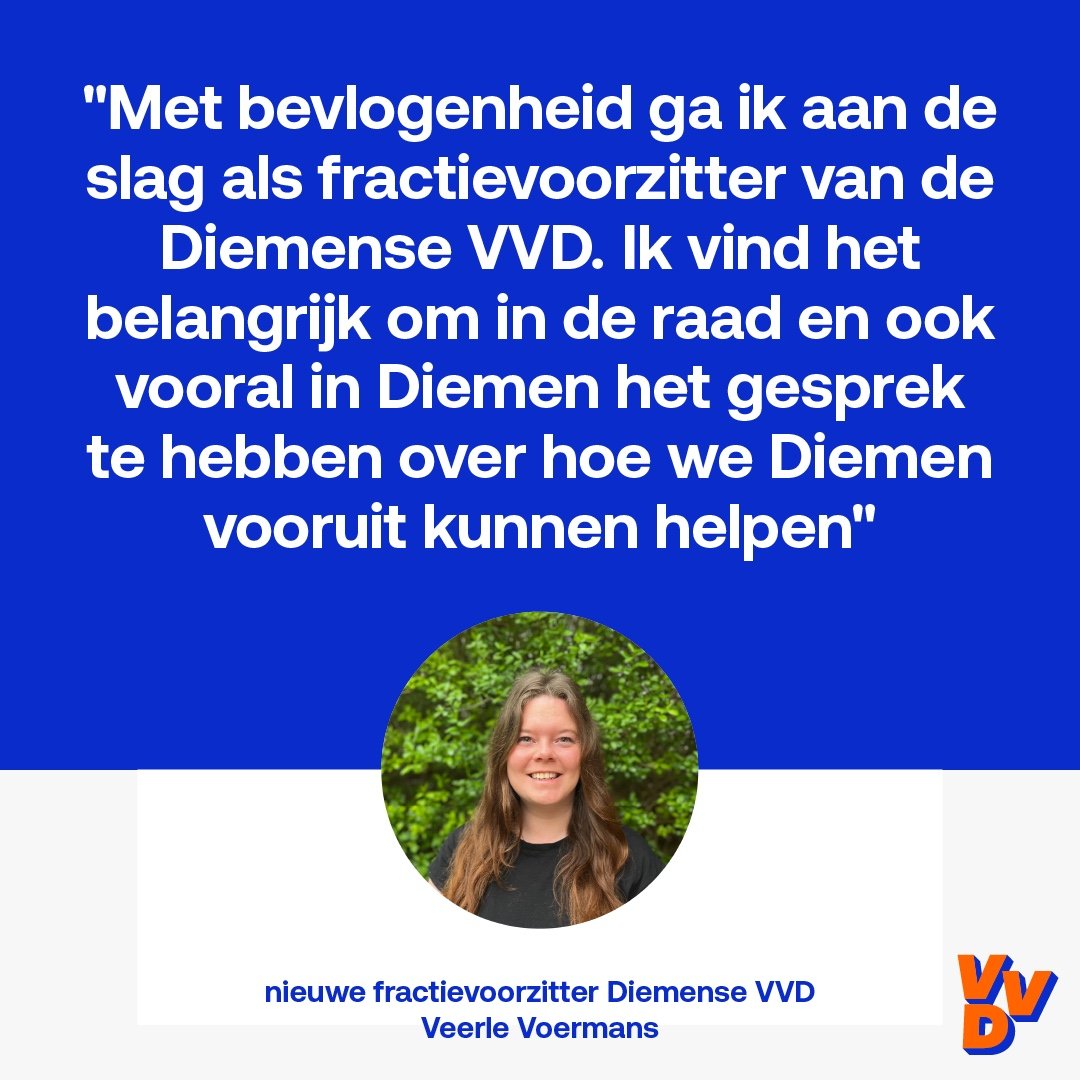 Veerle Voermans ( @VAVoermans) is onze nieuwe fractievoorzitter.

diemen.vvd.nl/nieuws/55225/n…