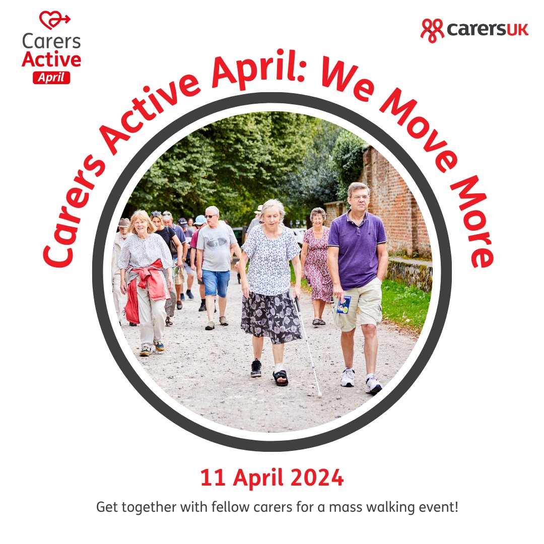 Today, we're encouraging carers to get outside for a walk for We Move More: our mass action day as part of #CarersActiveApril. Join us by taking yourself or loved one for a walk, or meet up with a local carers walk. Walks near you can be found here: bit.ly/3xEkGaa?utm_so…