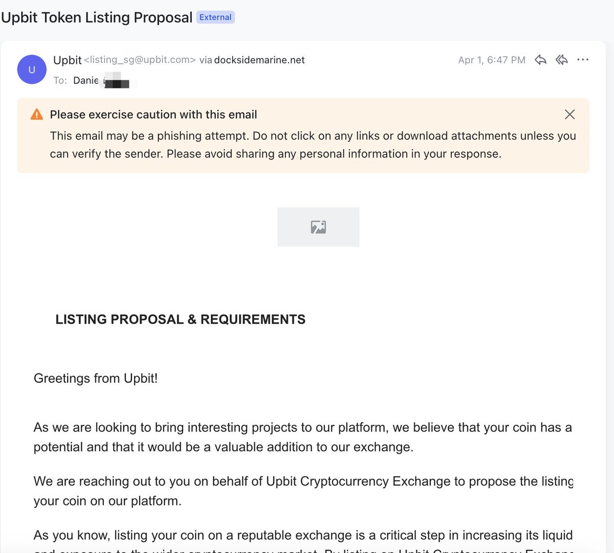 MetaTrustAlert Our community member reported that an email account named  listing_sg#upbit.com of @upbitglobal is suspected compromised, and send  Upbit Token Listing Proposal phising emails to users. The #Upbit official  responded to our