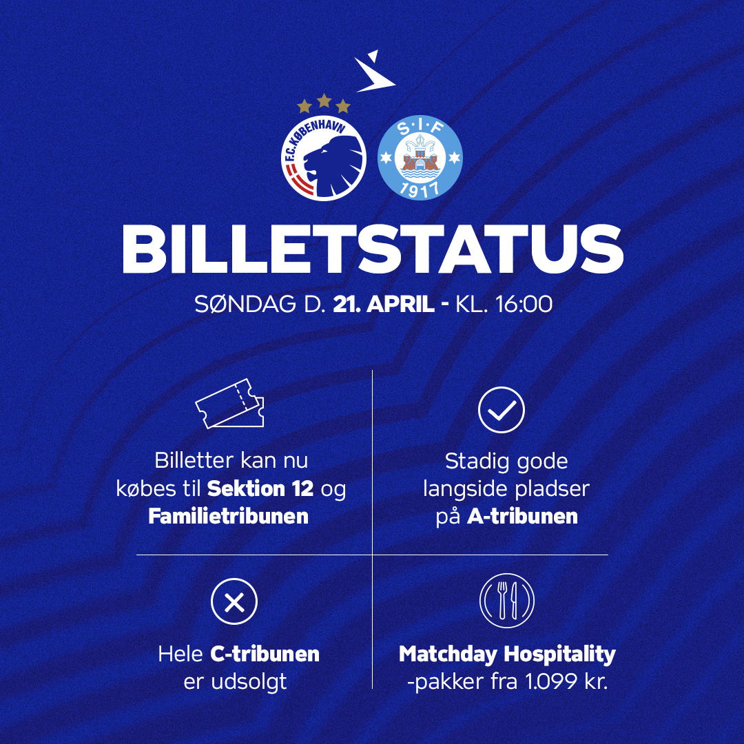 Billetstatus for vores næste hjemmekamp i Parken, søndag d. 21. april kl 16.00 ⬇️⬇️⬇️ 🎟️🔗 BILLET.FCK.DK #fcklive