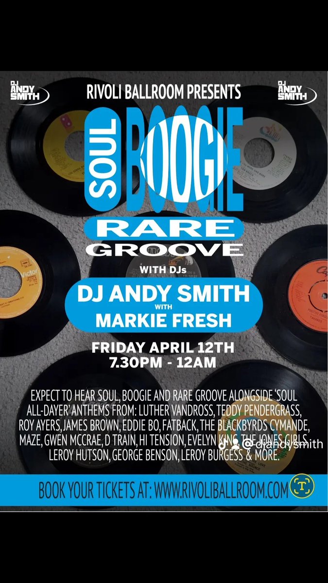This Friday April 12th. Djs @djandysmith & @dj_markie_fresh playing Rare Groove, Soul & Boogie @rivoliballroom . 7.30 - Midnight. Tickets from rivoliballroom.com #raregroove #sou #boogie #Brockley #southlondon