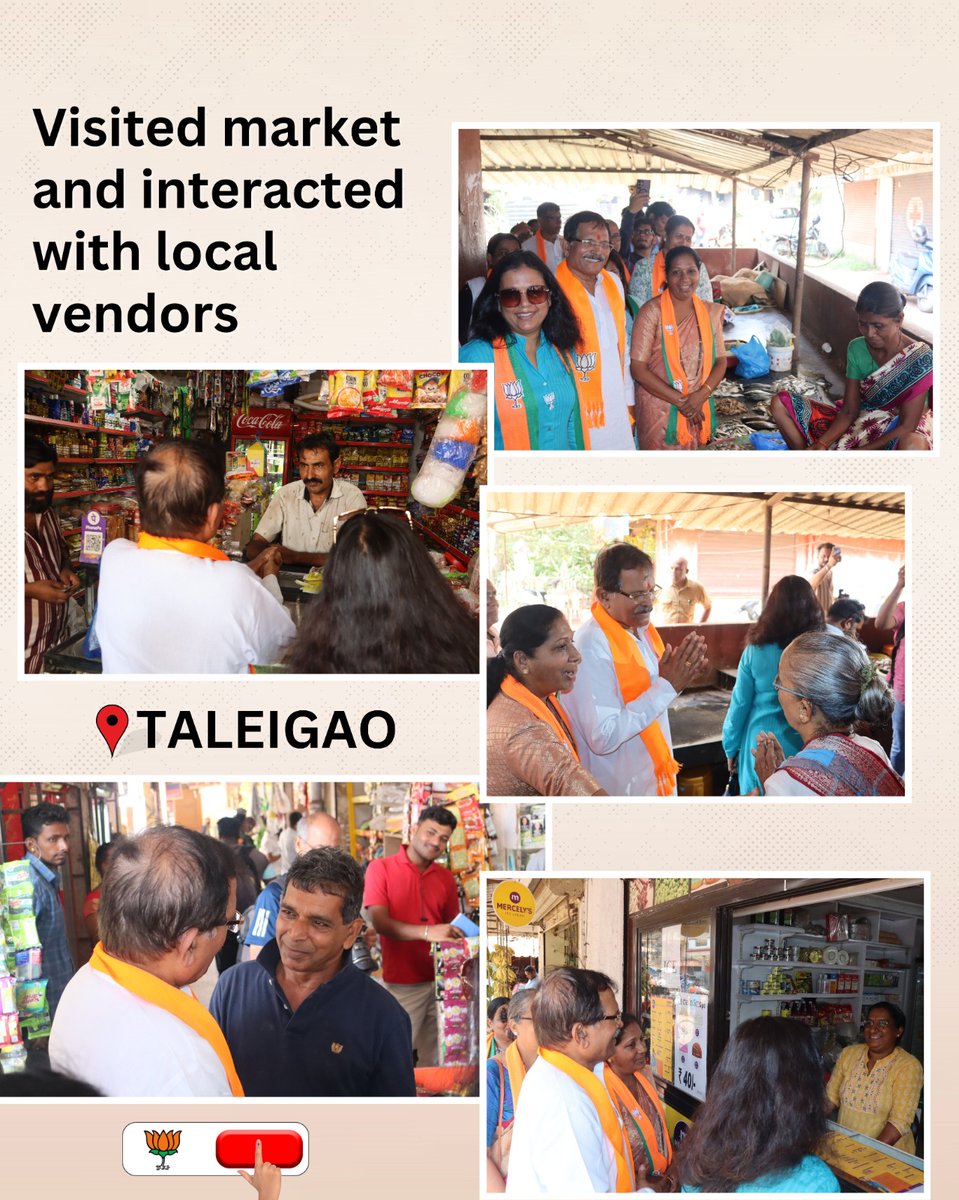 Visited Taleigao market and interacted with local vendors along with Taleigao MLA Smt. @SmtJMOfficial, BJP Senior leader Shri. Govind Parvatkar, BJYM Youth President Shri Vivek Bhandari Sarpanch Janu Rosario, Dy Sarpanch Smt. Rega Pai, Mahila morcha adhyaksh Smt. Anjali Naik,…