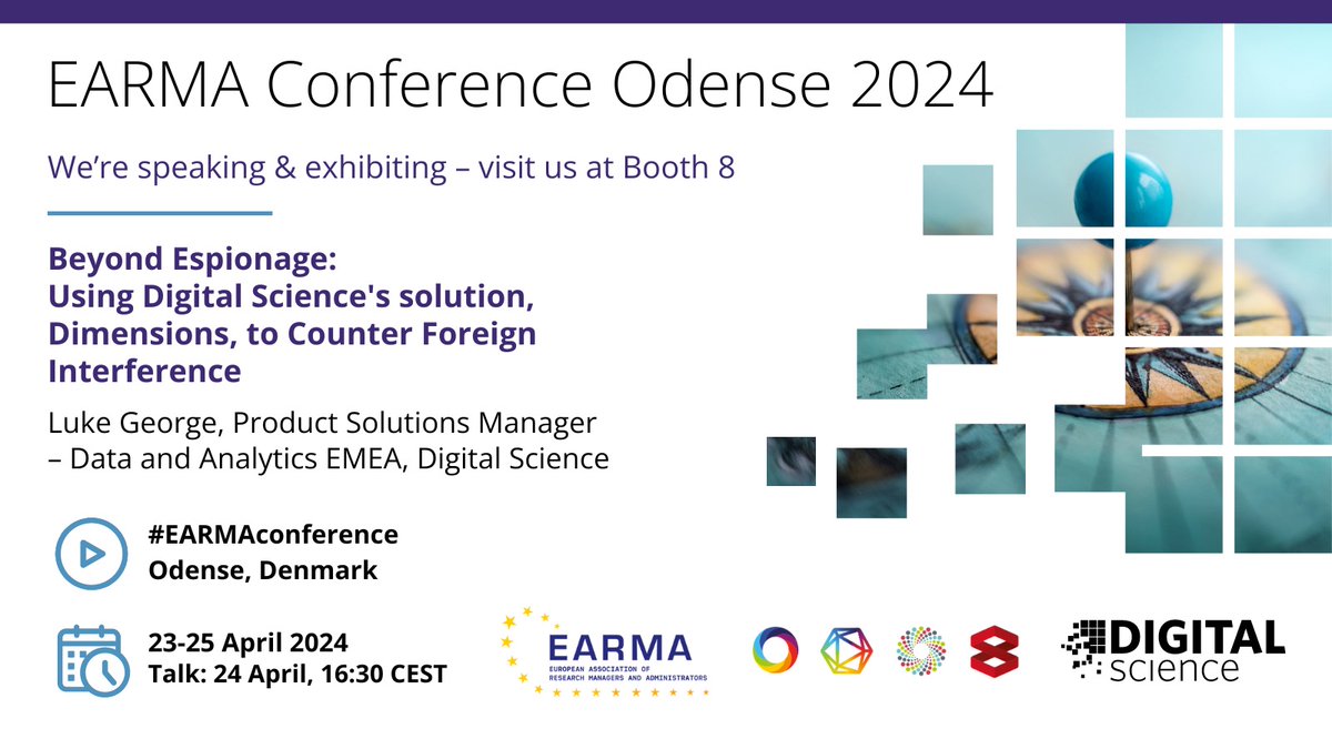 📣 @digitalsci is speaking & exhibiting at #EARMAconference! Luke George will give a talk on using @DSDimensions to counter foreign interference. @EARMAorg 🗓️ 23-25 April 2024 📍 Odense, Denmark At Booth 8, we'll be showcasing @altmetric @figshare @Symplectic & Dimensions.