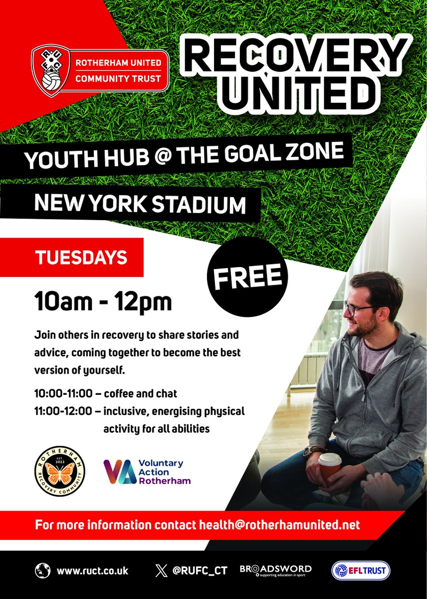 HEALTH | Recovery United 🤝 Starting on Tuesday the 16th of April, you can join us and others who are in recovery at the AESSEAL New York Stadium. Make new friends, share advice and stories, and become a better you! To find out more please email health@rotherhamunited.net 🔴⚪