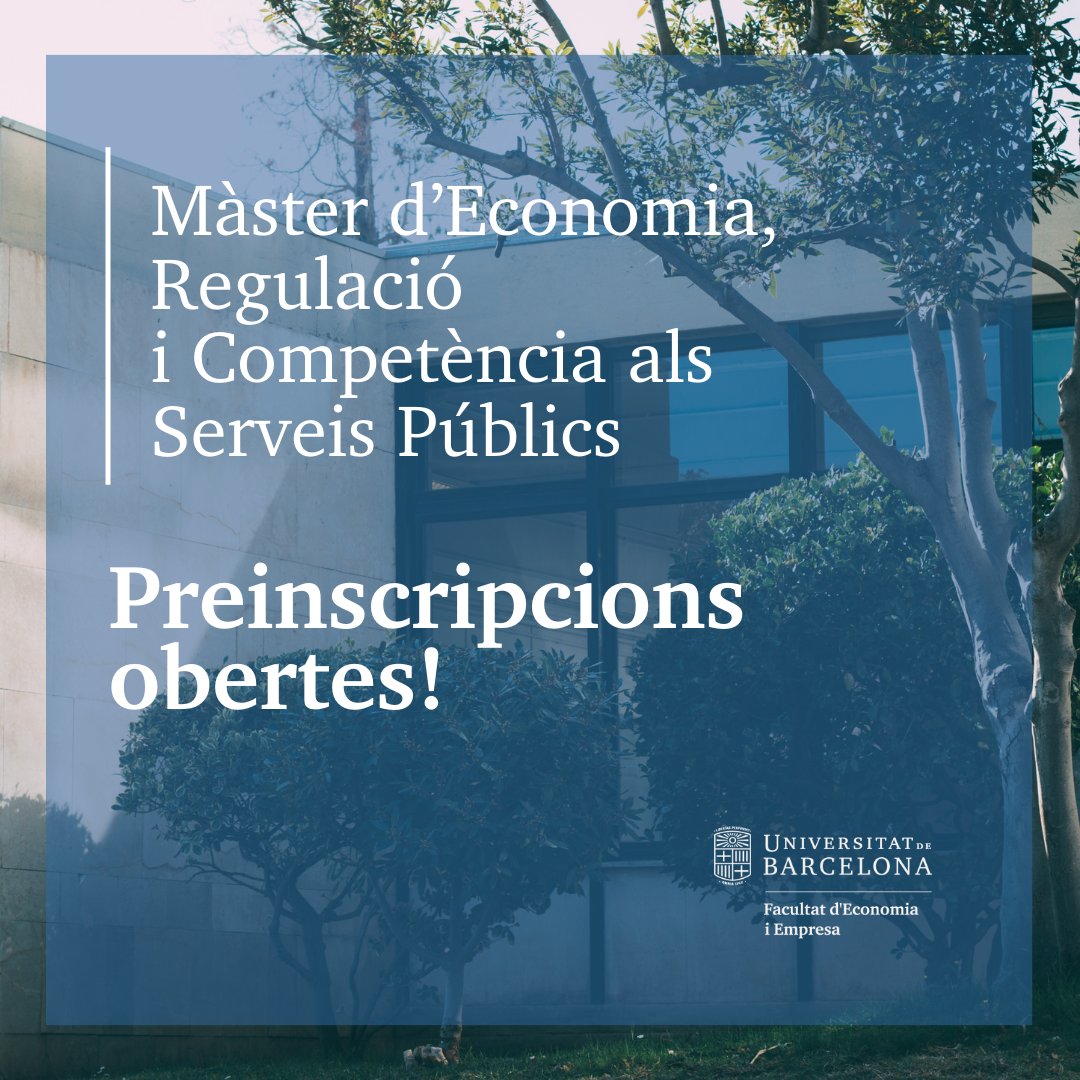 📢El #màster d’#Economia, Regulació i Competència als Serveis Públics <a href="/MEconSPUB/">Máster Econ SP-UB</a> de la <a href="/UniBarcelona/">Universitat de Barcelona</a> et prepara per exercir funcions directives en operadors de serveis d’interès general, de regulació de mercats o assessories jurídiques.

Més info: bit.ly/400Uor9