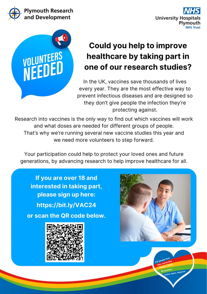 We need more volunteers to step up to support our new vaccine research studies which are starting this year. If you're interested in taking part, please visit bit.ly/VAC24 #BePartOfResearch @UHP_NHS @NIHRSW @DAllcorn @hospitalradio @livewellsw #plymouth