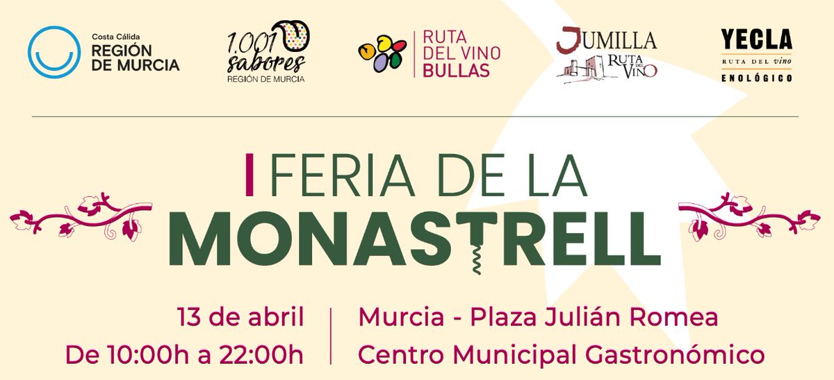 📢 Si eres amante del enoturismo, esto te interesa:  🍷 'I Feria de la Monastrell' en #Murcia. 🔝 Con @RutaVinoBullas, @RutaVinoJumilla y @RutaVinoYecla.  🤩 ¡Inscripciones gratuitas! ➡️ goo.su/cMeocT #TurismoRegióndeMurcia #RegióndeMurcia #1001SaboresRM