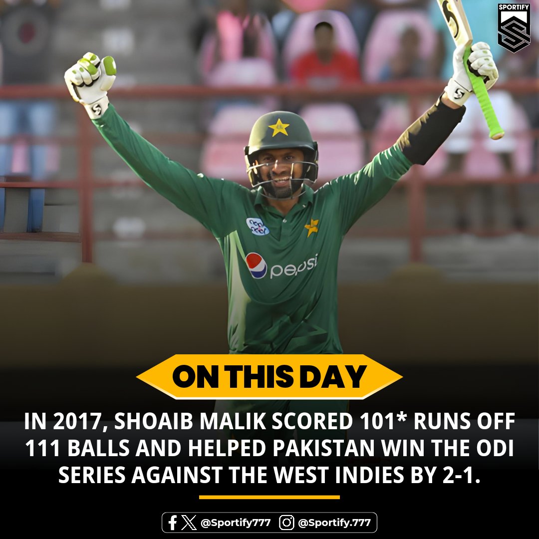 📆 #OnThisDay in 2017, Shoaib Malik scored an unbeaten 101 runs off 111 balls against the West Indies at the Sharjah Cricket Stadium 🏟️🏏 

Pakistan won by 6 wickets and 41 balls to spare. Malik was also awarded the player of the match award🏅

#Sportify #SportsNews #PAKvsWI