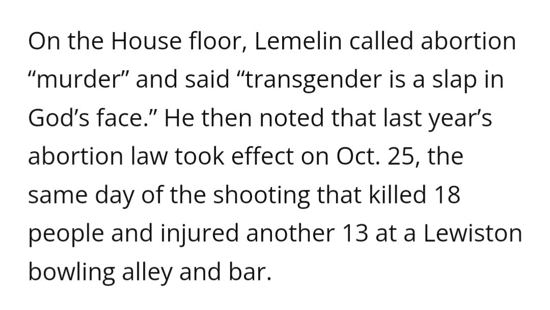 Last night, two Maine lawmakers suggested that the October Lewiston mass shooting was God's wrath for our state's policies on abortion and gender affirming health care. Totally reprehensible. 

bangordailynews.com/2024/04/10/pol…
